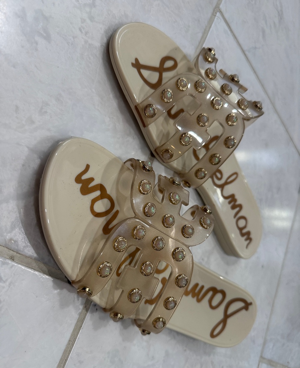 Sam Edelman Nude Jeweled Patent Slide Sandals